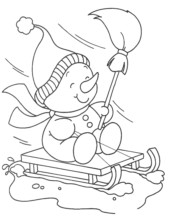 Snowman on sledges coloring picture for kids