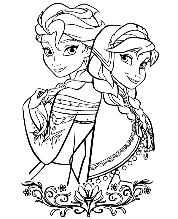 Printable Frozen coloring worksheet with Elsa & Anna