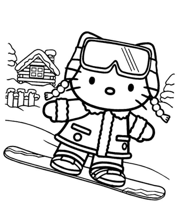 Kitty on snowboard picture to print for free