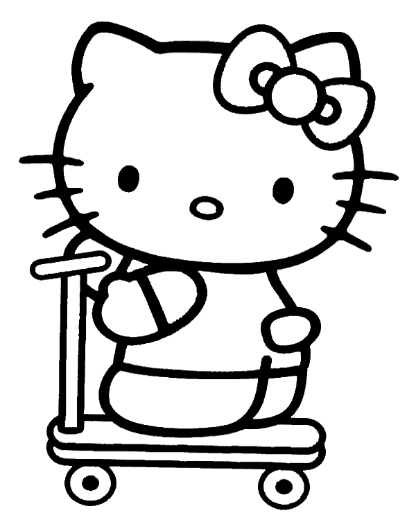 Hello Kitty coloring page riding on scooter