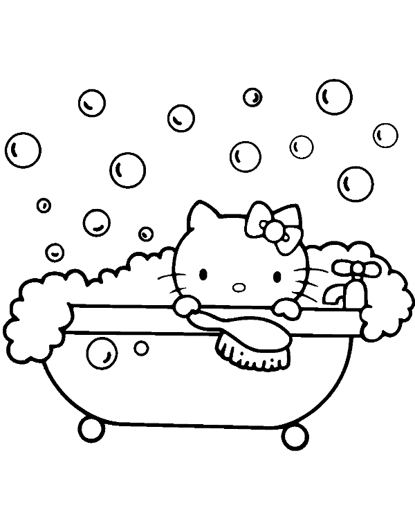 Kitty bathing Free printable coloring pages