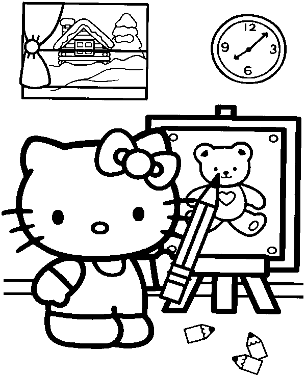 A free picture of Hello Kitty at home, coloring sheet, book