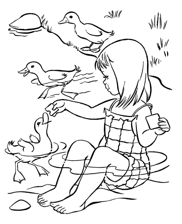 Girl feeding ducks coloring page