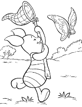 Pooh coloring sheets with Piglet chasing butterfly