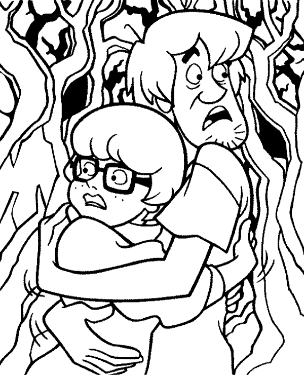 Shaggy Velma in scary forest printable image
