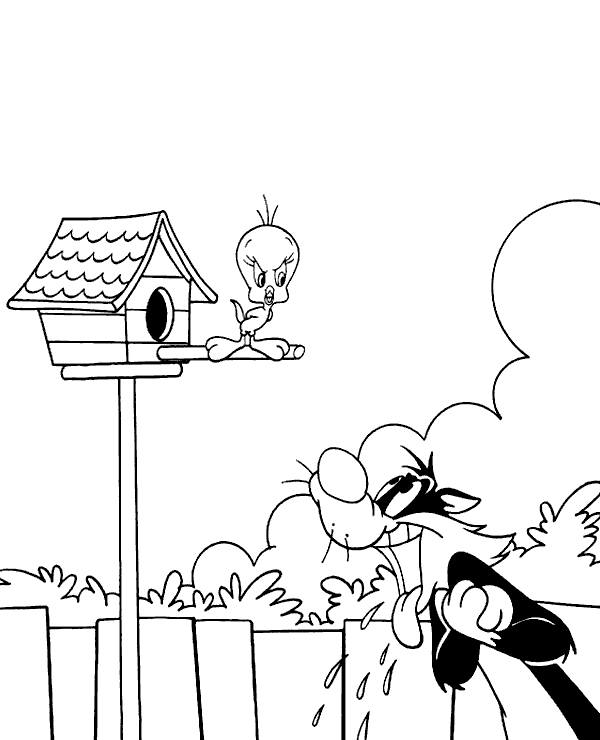 Sylvester hunting Tweety colouring page