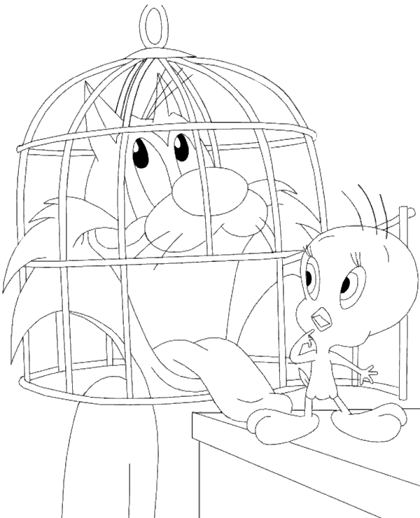 Funny canary Tweety and cat coloring page
