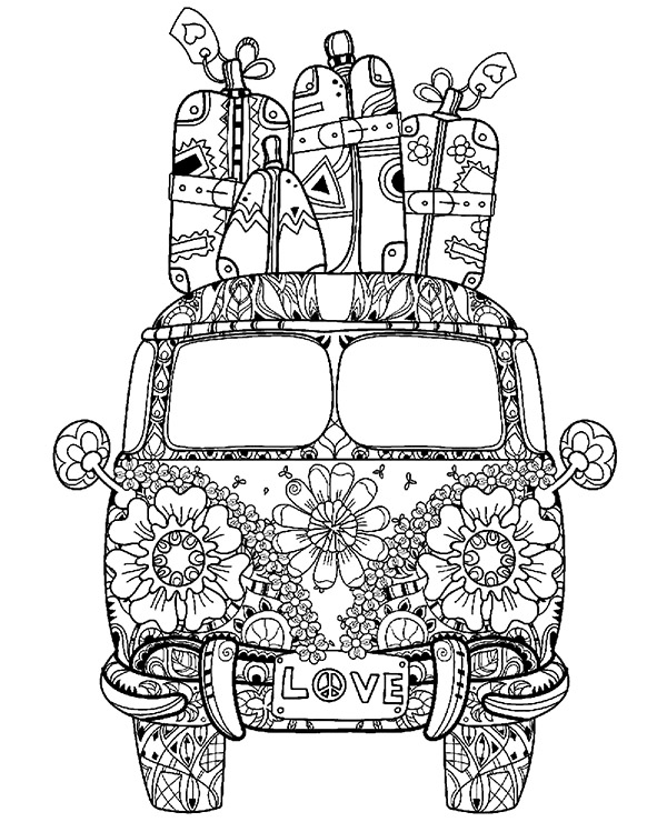 Printable picture to color with hippie car, bus