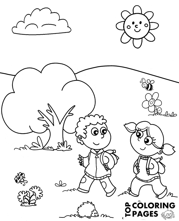 Children walking on meadow image to color