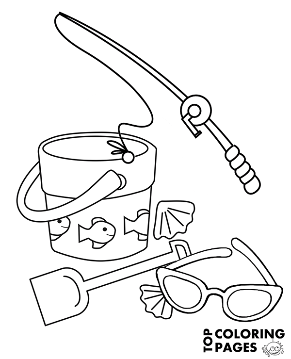 Sunglasses fishing rod and beach bucket coloring page