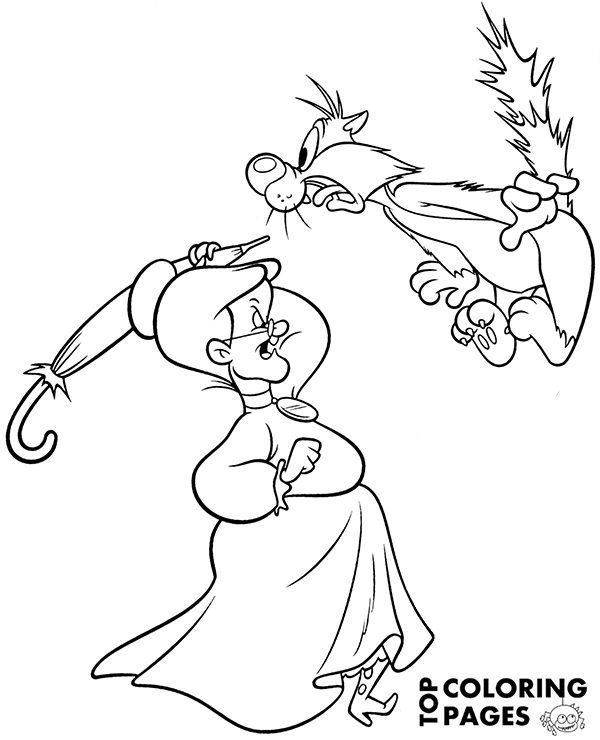 Sylvester and Granny on printable coloring page