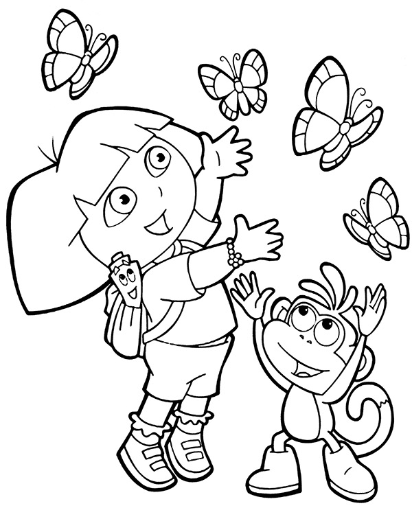 Dora and boots chasing butterflies coloring page