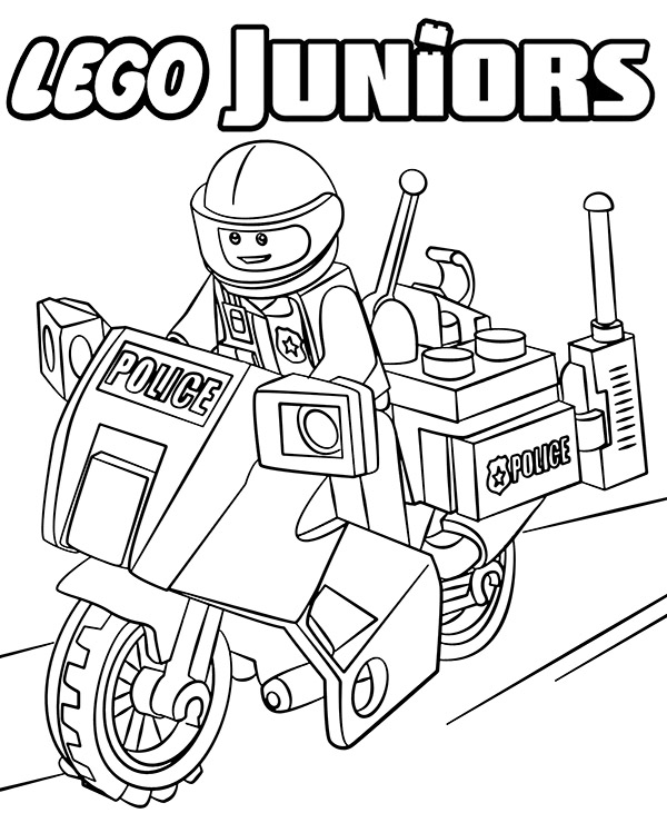 Lego Juniors policeman on motorcycle coloring sheet