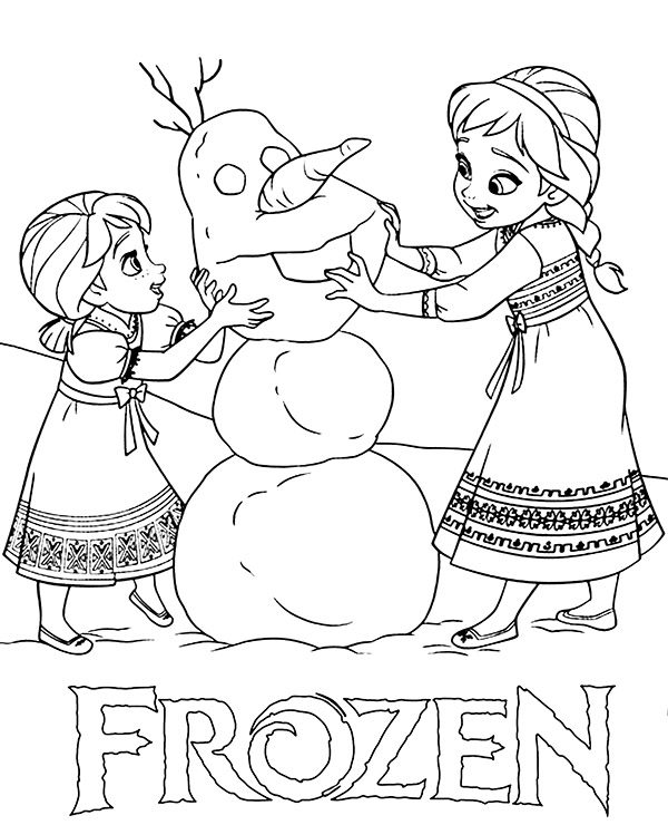 Elsa and Anna as children are making a snowman