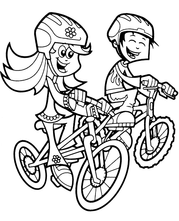 Two kids riding on bicycles coloring page