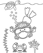 Easy printable coloring page with a diver and crab