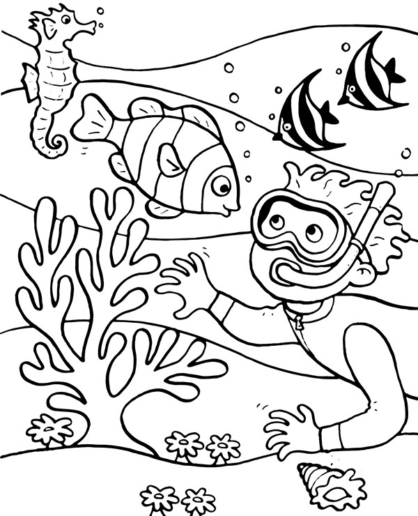 Diving coral reef coloring page