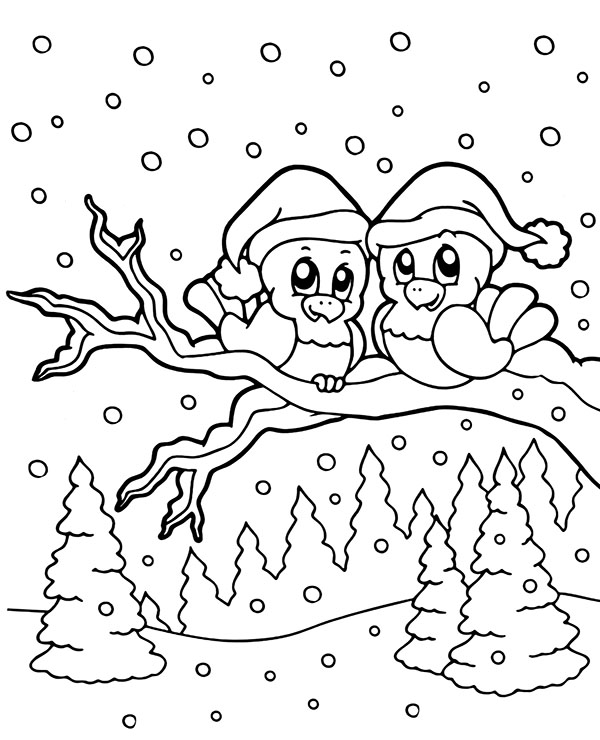 Birds on a branch printable winter coloring page