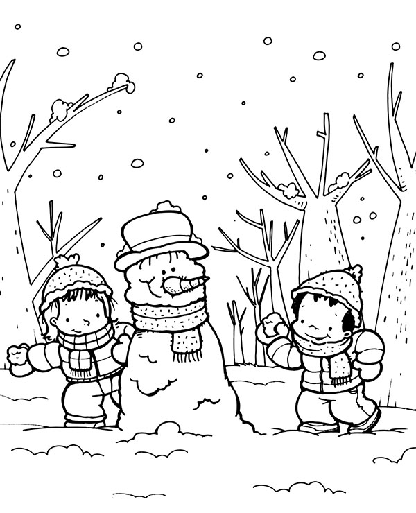 Children make a snowman winter coloring worksheet