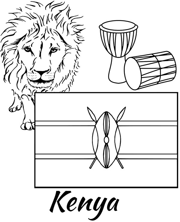 Kenyan symbols and flag coloring pages for children
