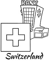 Switzerland printable coloring page flag and bank
