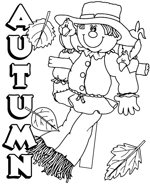 Autumn coloring page showing scarecrow