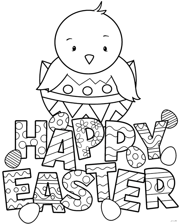 Happy Easter coloring page with chick