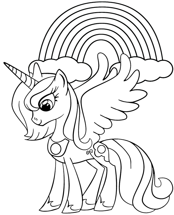 Unicorn and rainbow on printable coloring sheet