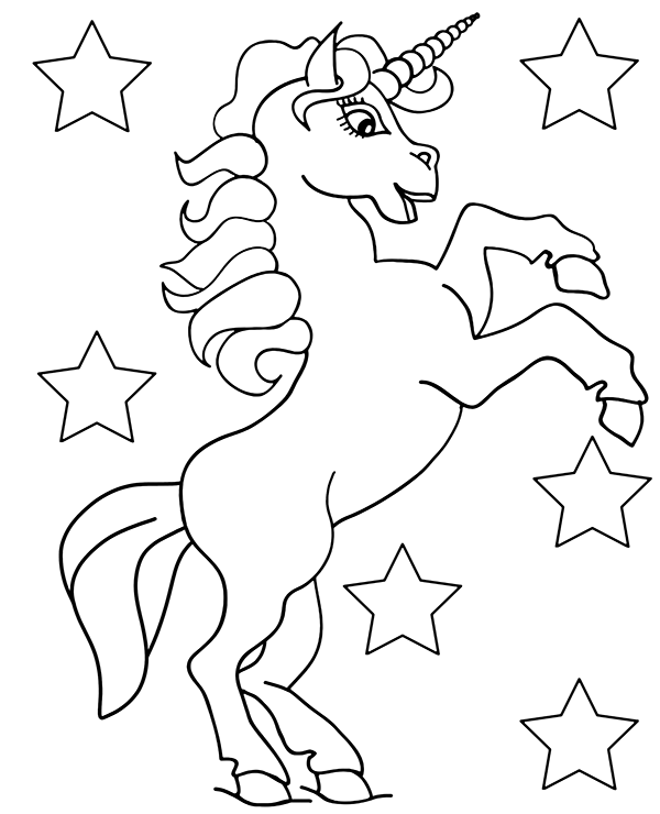 An unicorn and stars on printable coloring page 
