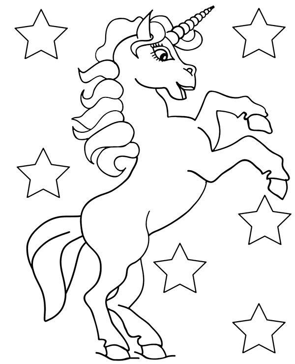 An unicorn and stars on a printable coloring page 