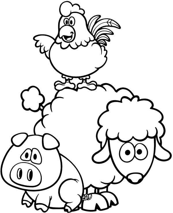 Funny sheep, pig & rooster coloring page village animals