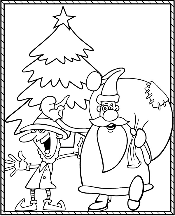Funny Christmas coloring page elf and Santa