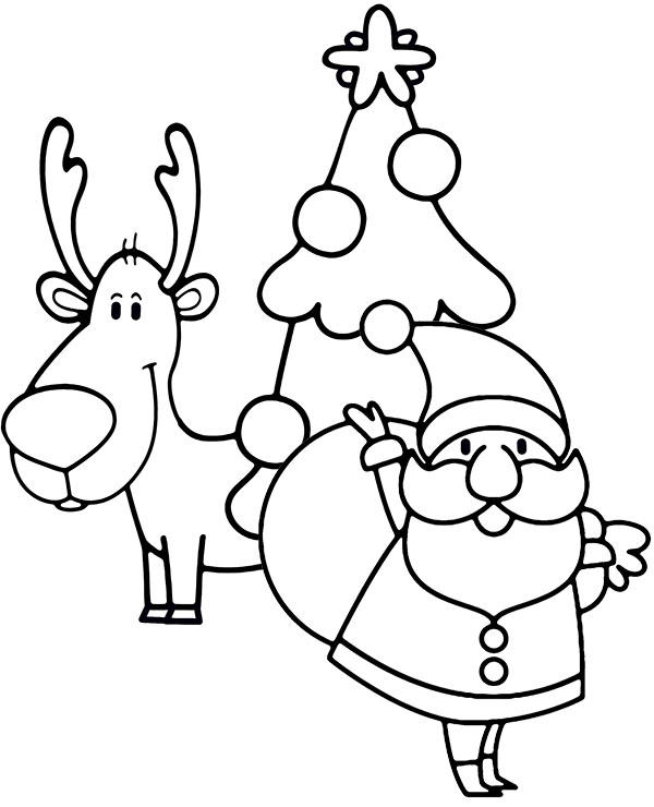 Simple Christmas coloring page with Santa and raindeer