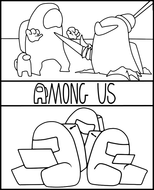 Among Us coloring page with game crewmates 