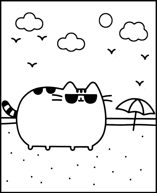 Coloring page Pusheen on the beach