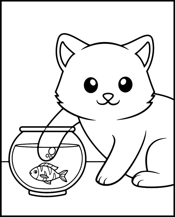 Coloring page cat & gold fish