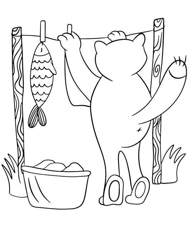 Funny cat and laundry coloring page