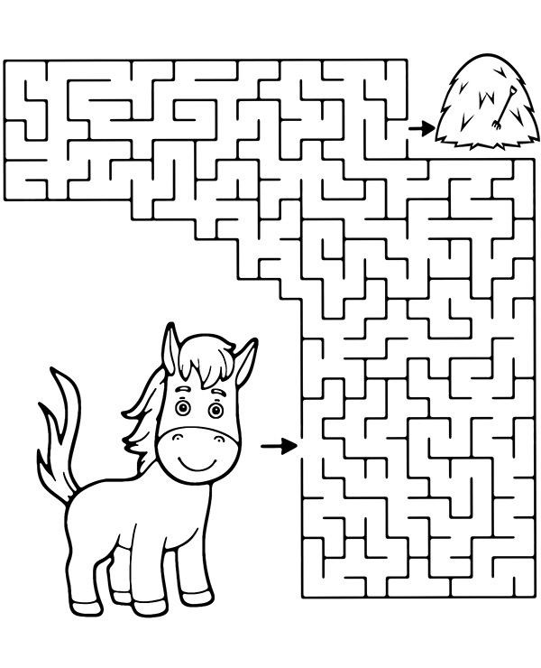 Maze for children with horse and haystack