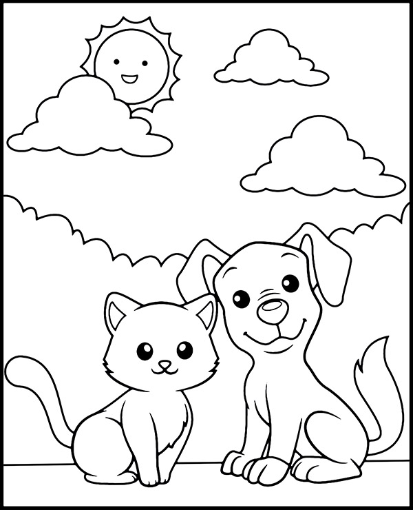 Cat & dog coloring page to print