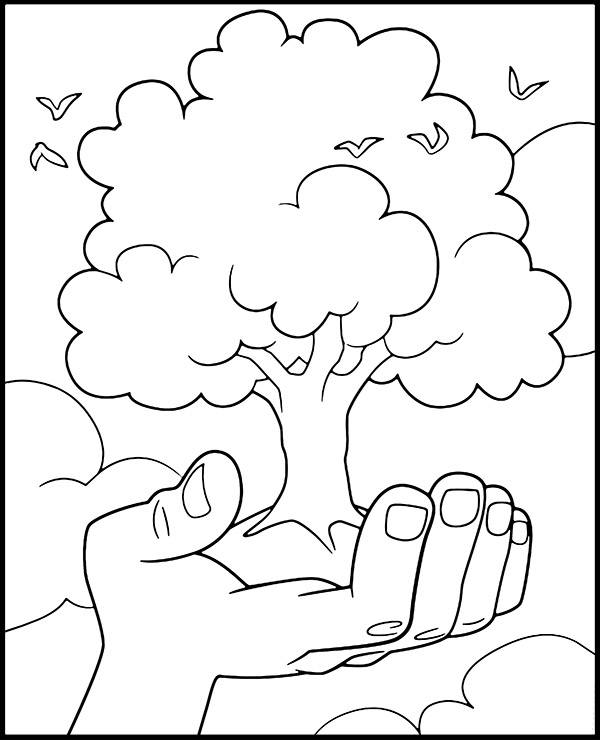 Earth Day coloring page with a tree