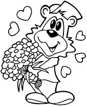 Bear with bouquet of flowers coloring page