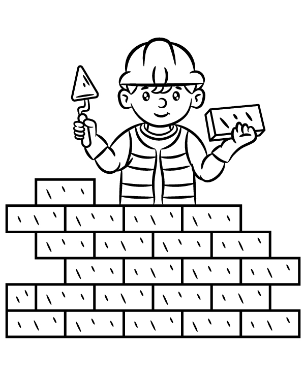 Coloring page construction worker building a wall