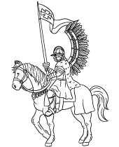 Coloring page of medieval knight & horse
