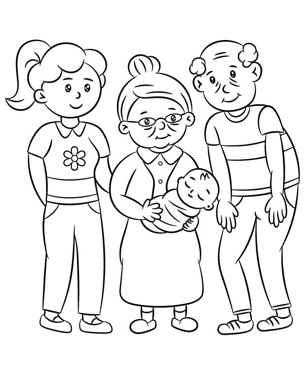 Printable coloring sheet featuring grandparents