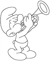 Coloring page with Harmony Smurf with a trumpet