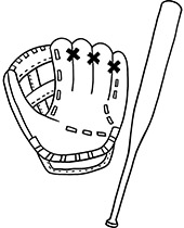 Baseball coloring sheet with a mitt and a bat