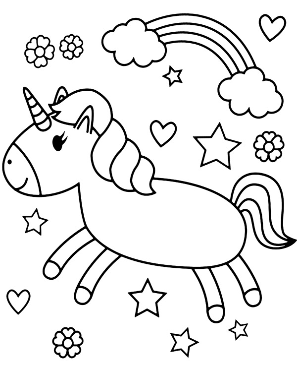 Cute unicorn coloring page with a rainbow