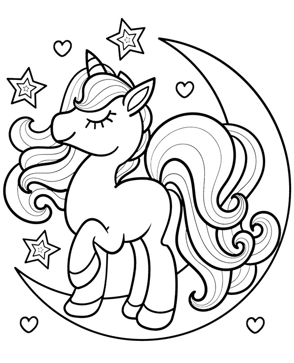 Unicorn on a moon coloring page