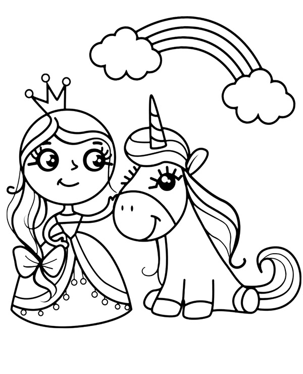 Unicorn & princess coloring page for girls