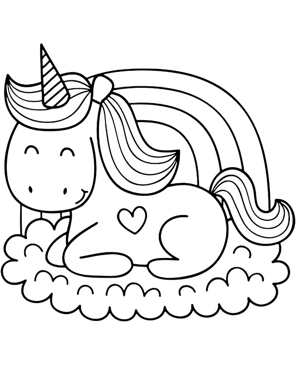 Coloring page of an unicorn sitting on a cloud